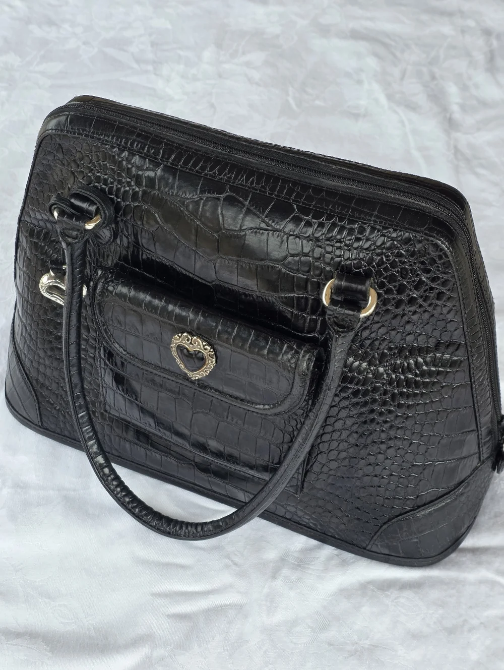 Vintage Brighton Black Leather Croc Pattern with Floral Lining w/ Inner Pockets